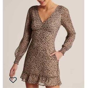Abercrombie & Fitch Leopard Print Ruffle Hem Long Sleeve Mini Dress